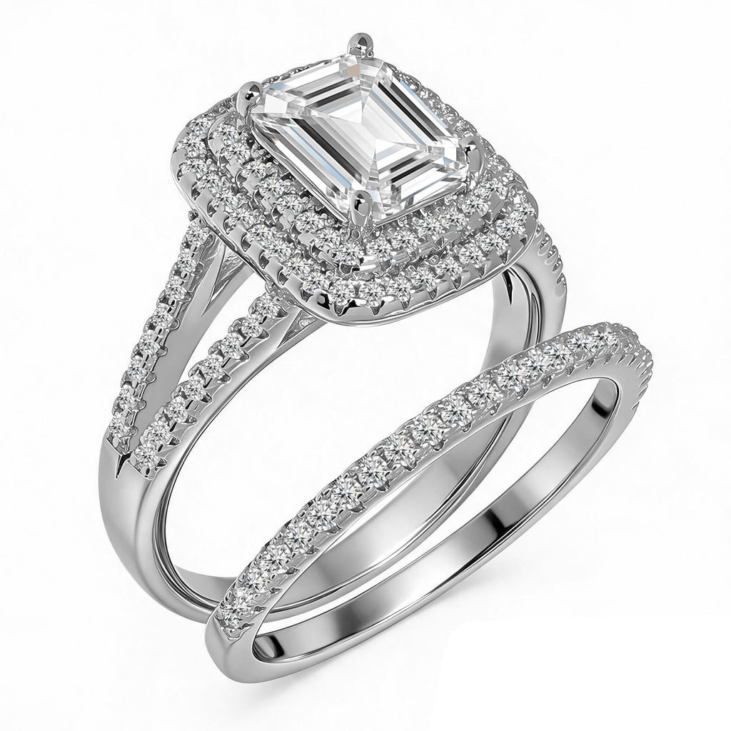 JeenMata 2.75 Carat Emerald Cut Moissanite Double Halo Split Shank Engagement Ring Set in 18K White Gold Plated for Women