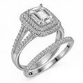 JeenMata 2.75 Carat Emerald Cut Moissanite Double Halo Split Shank Engagement Ring Set in 18K White Gold Plated for Women