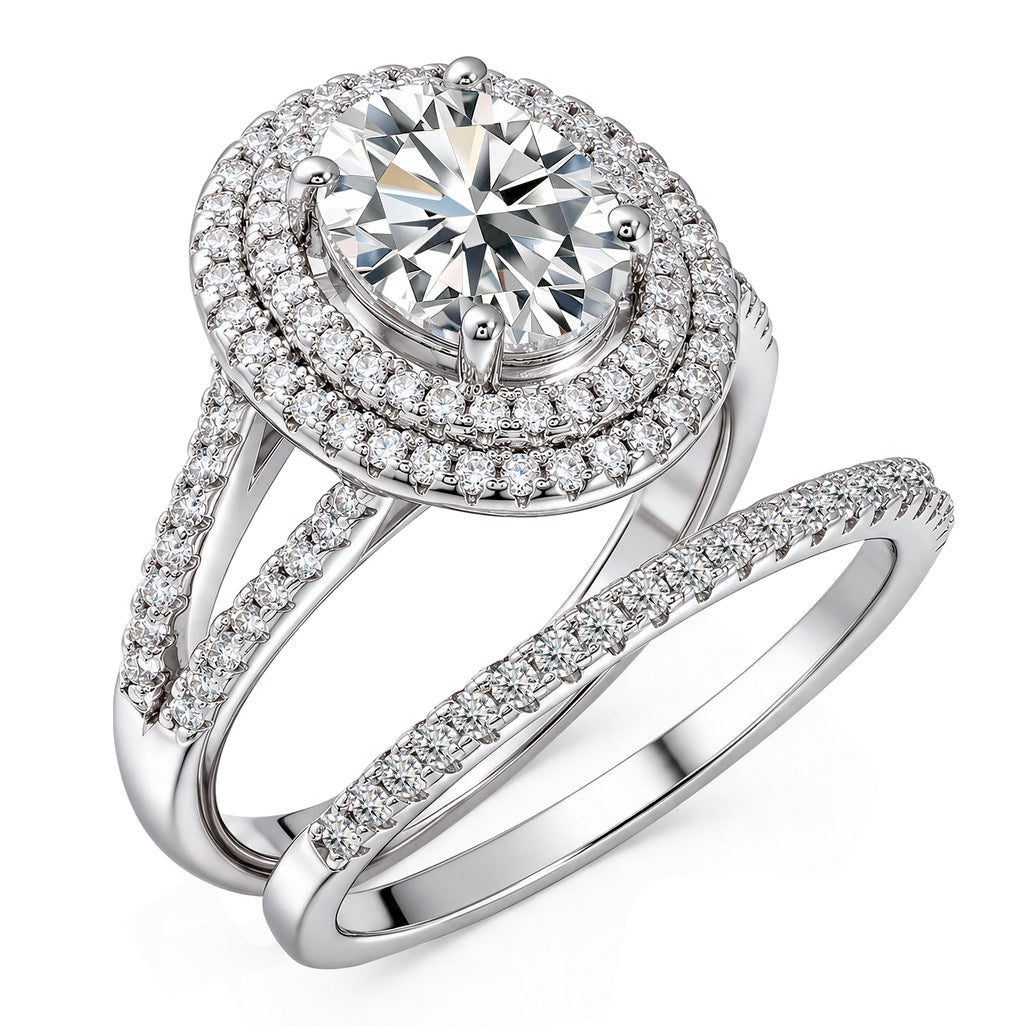 JeenMata 2.75 Carat Oval Cut Moissanite Double Halo Split Shank Engagement Ring Set in 18K White Gold Plated for Women