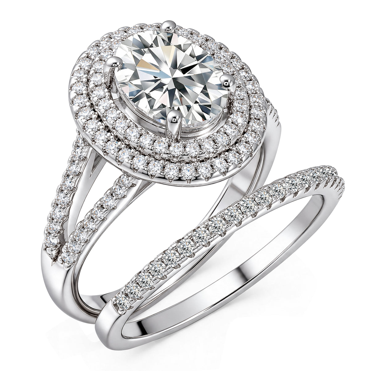 JeenMata 2.75 Carat Oval Cut Moissanite Double Halo Split Shank Engagement Ring Set in 18K White Gold Plated for Women