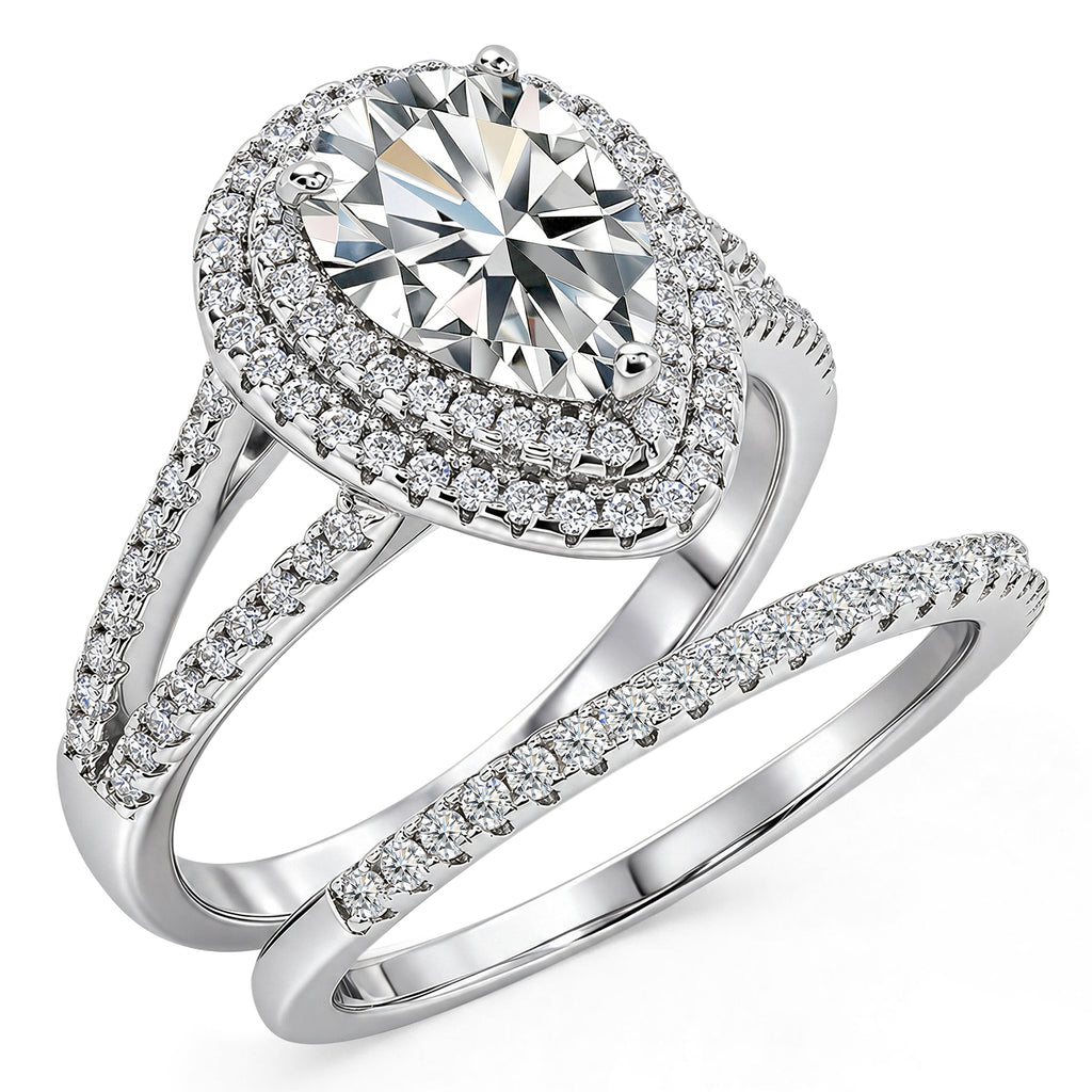 JeenMata 2.75 Carat Pear Cut Moissanite Double Halo Split Shank Engagement Ring Set in 18K White Gold Plated for Women