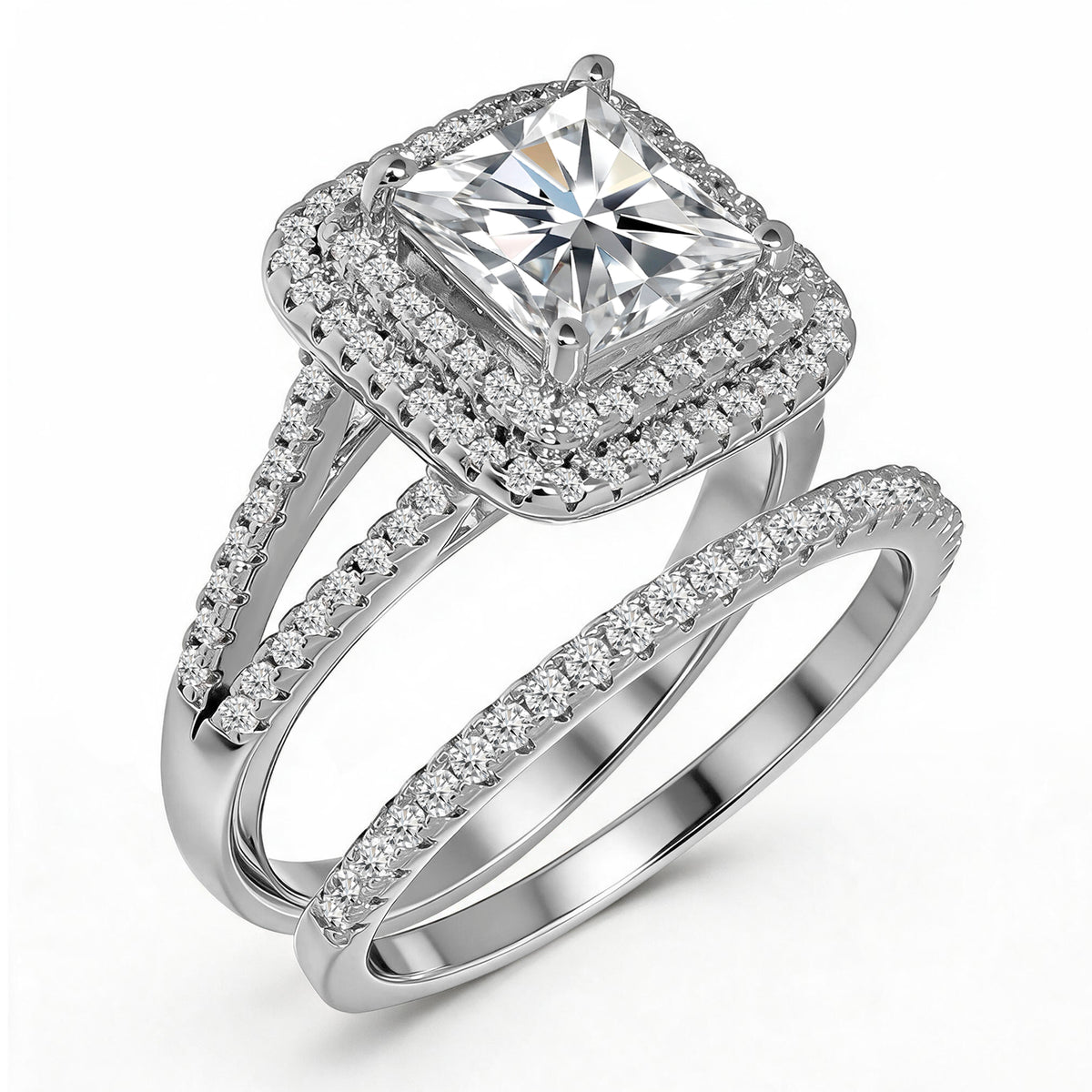 JeenMata 2.75 Carat Princess Cut Moissanite Double Halo Split Shank Engagement Ring Set in 18K White Gold Plated for Women