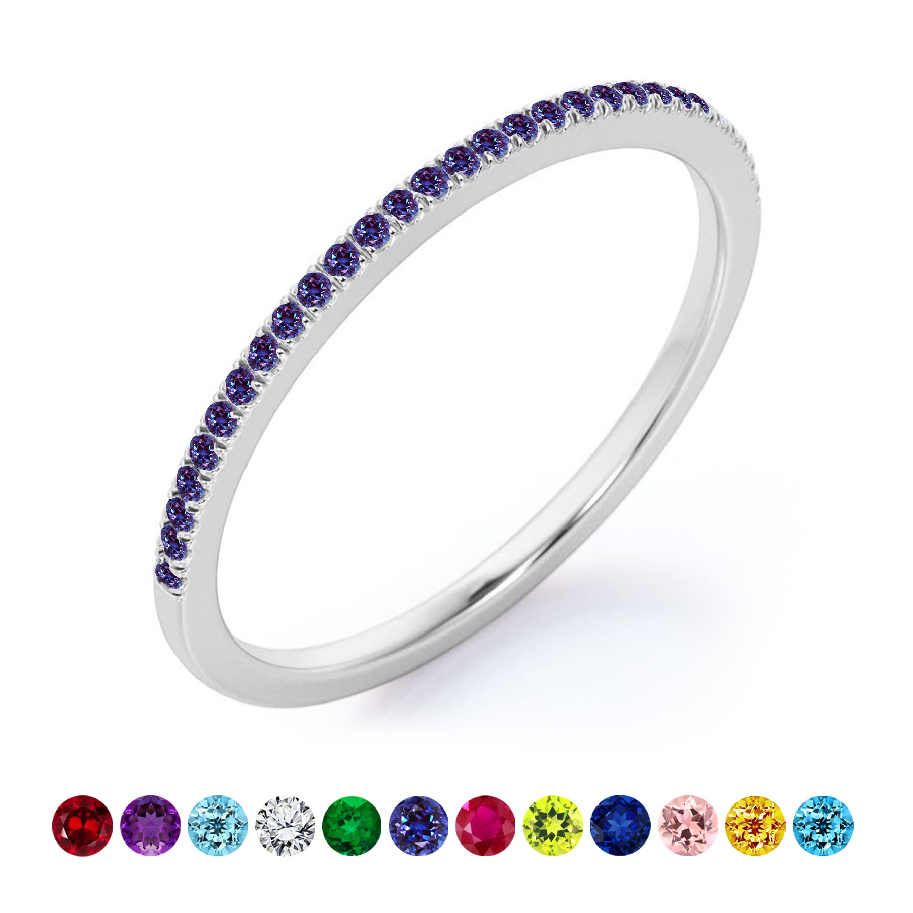 JeenMata Pave Accented - 0.25 Carat Round Cut -June Birthstone- Classic Wedding Band - 18K White Gold Plating for Women