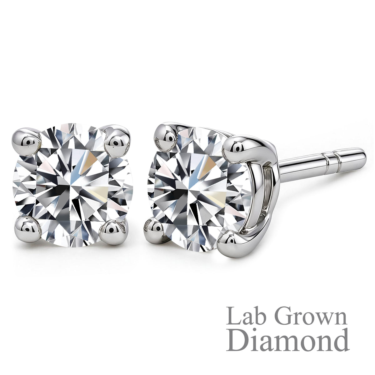JeenMata Lab Grown Diamond Earrings 1 Carat Round Cut 18K White Gold Plated Solitaire Studs for Women