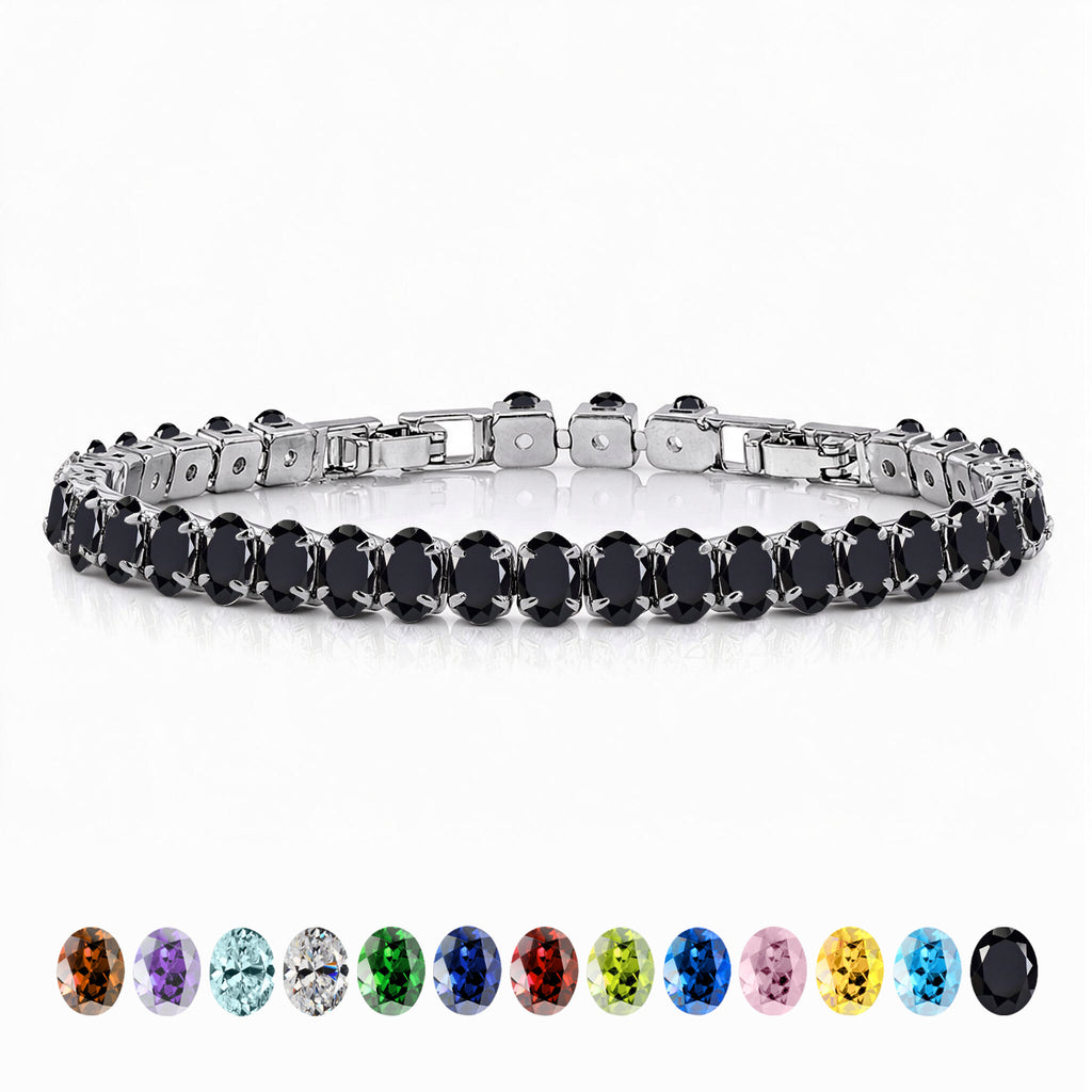 JeenMata 5.5 Carat Black Cubic Zirconia - Oval Cut Birthstone Tennis Bracelet Eternity Design - White Gold Plating, Female, Adult