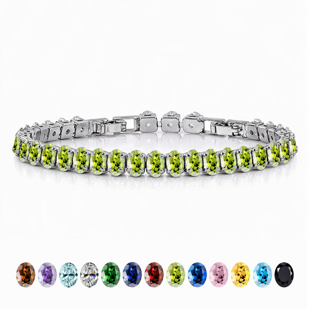 JeenMata 5.5 Carat August Peridot - Oval Cut Birthstone Tennis Bracelet Eternity Design - White Gold Plating, Female, Adult