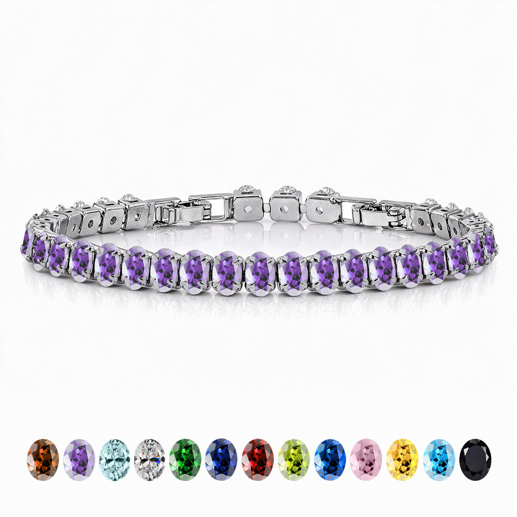 JeenMata 11 TCW February Amethyst - Oval Cut Birthstone Tennis Bracelet for Women in Eternity Design - White Gold Plating, Female, Adult