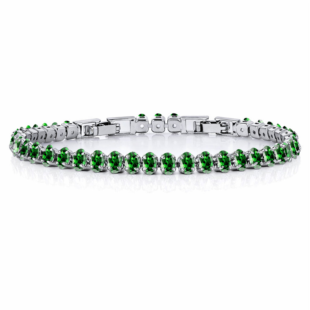 JeenMata 5.5 Carat May Emerald - Oval Cut Birthstone Tennis Bracelet Eternity Design - White Gold Plating, Female, Adult