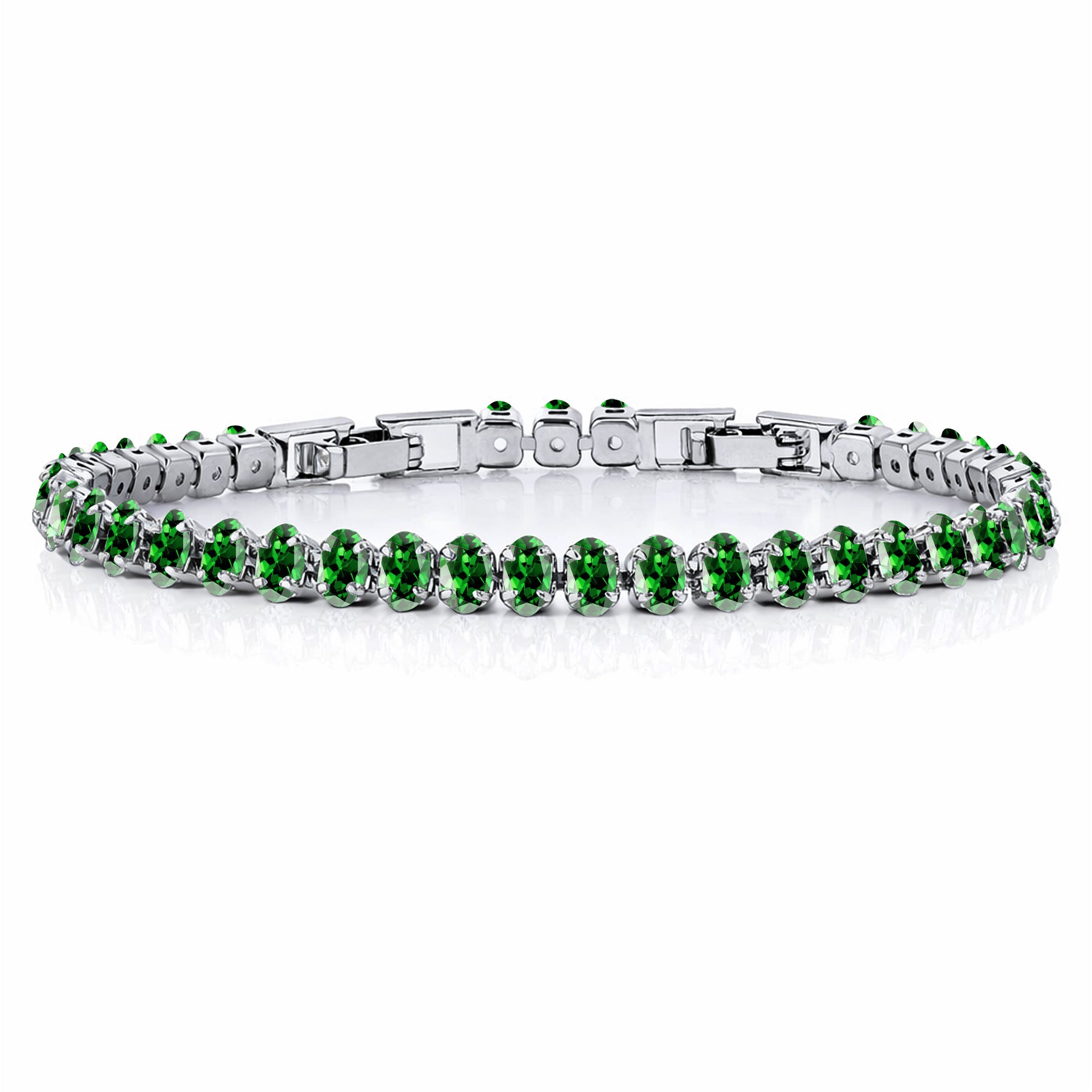 JeenMata 5.5 Carat May Emerald - Oval Cut Birthstone Tennis Bracelet Eternity Design - White Gold Plating, Female, Adult