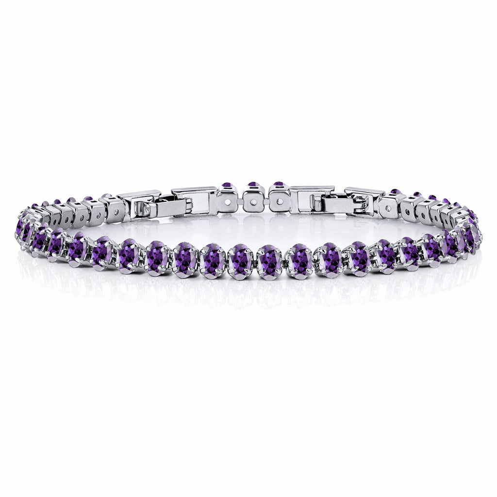 JeenMata 5.5 Carat February Amethyst - Oval Cut Birthstone Tennis Bracelet Eternity Design - White Gold Plating, Female, Adult