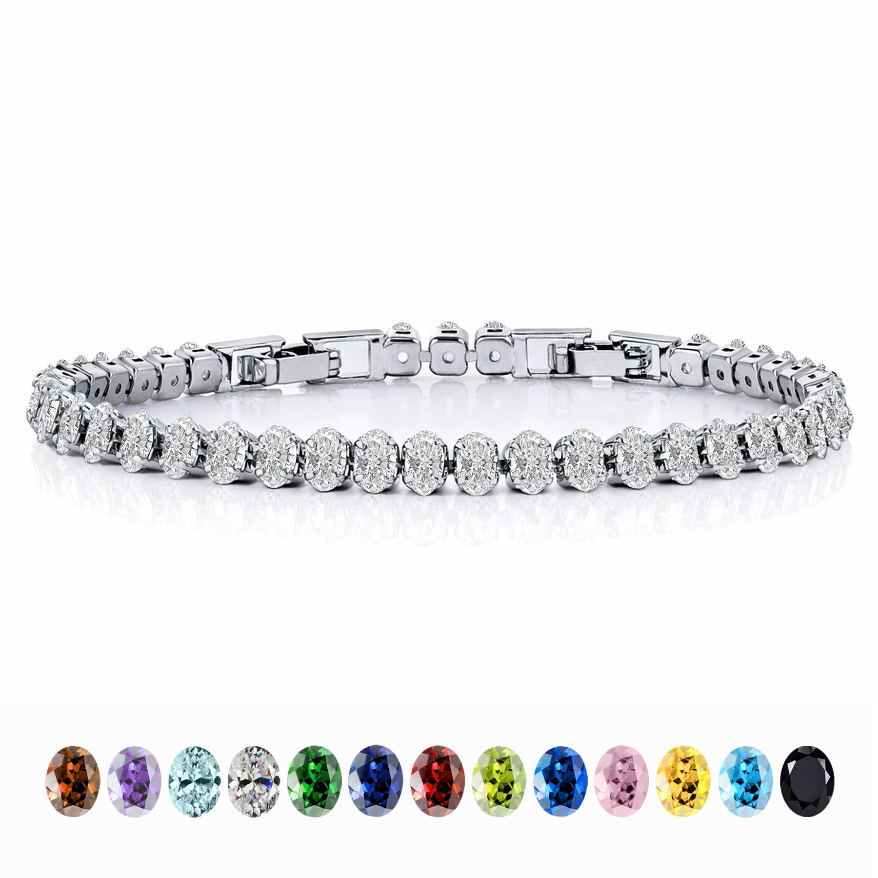 JeenMata 5.5 Carat April Cubic Zirconia - Oval Cut Birthstone Tennis Bracelet Eternity Design - White Gold Plating, Female, Adult