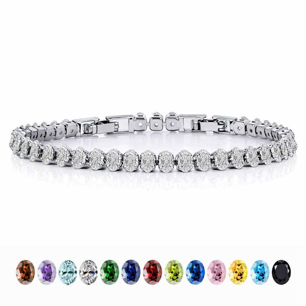 JeenMata 5.5 Carat April Cubic Zirconia - Oval Cut Birthstone Tennis Bracelet Eternity Design - White Gold Plating, Female, Adult
