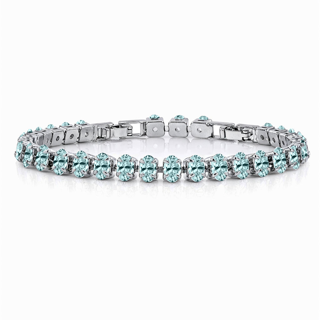 JeenMata 11 TCW March Aquamarine - Oval Cut Birthstone Tennis Bracelet for Women in Eternity Design - White Gold Plating, Female, Adult