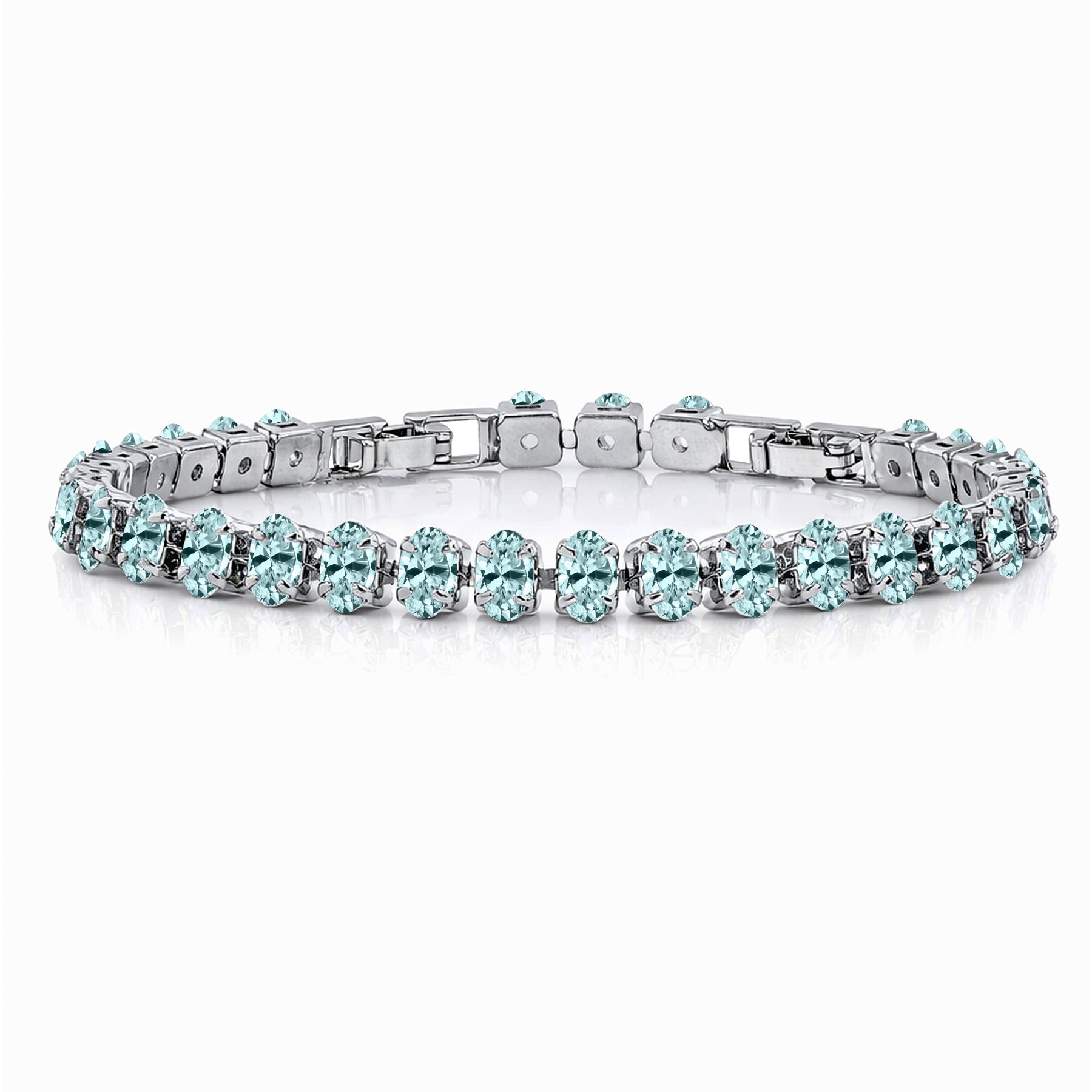 JeenMata 11 TCW March Aquamarine - Oval Cut Birthstone Tennis Bracelet for Women in Eternity Design - White Gold Plating, Female, Adult
