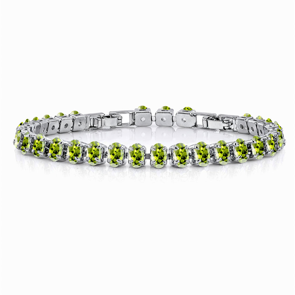 JeenMata 11 TCW August Peridot - Oval Cut Birthstone Tennis Bracelet for Women in Eternity Design - White Gold Plating, Female, Adult