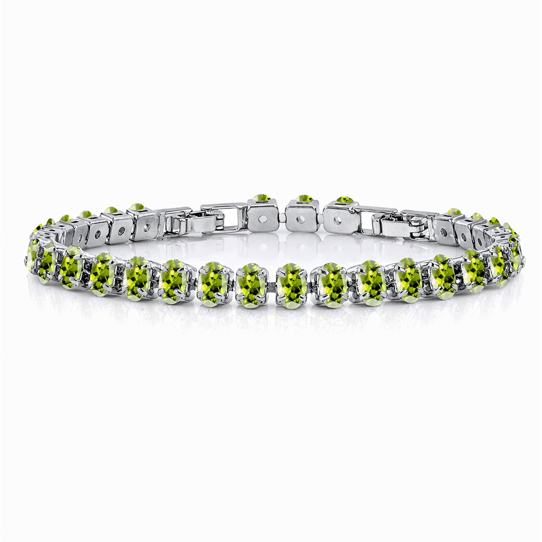 JeenMata 11 TCW August Peridot - Oval Cut Birthstone Tennis Bracelet for Women in Eternity Design - White Gold Plating, Female, Adult