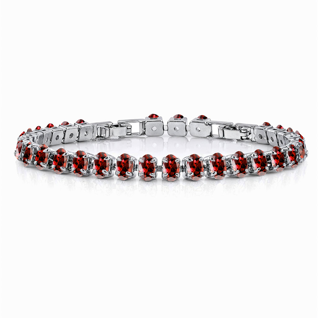 JeenMata 11 TCW July Ruby - Oval Cut Birthstone Tennis Bracelet for Women in Eternity Design - White Gold Plating, Female, Adult