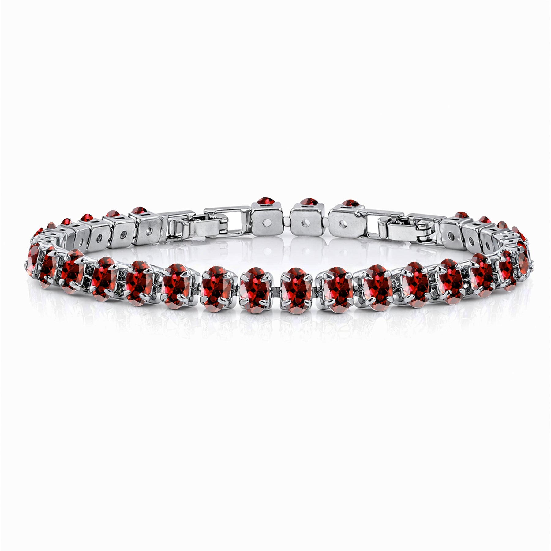 JeenMata 11 TCW July Ruby - Oval Cut Birthstone Tennis Bracelet for Women in Eternity Design - White Gold Plating, Female, Adult
