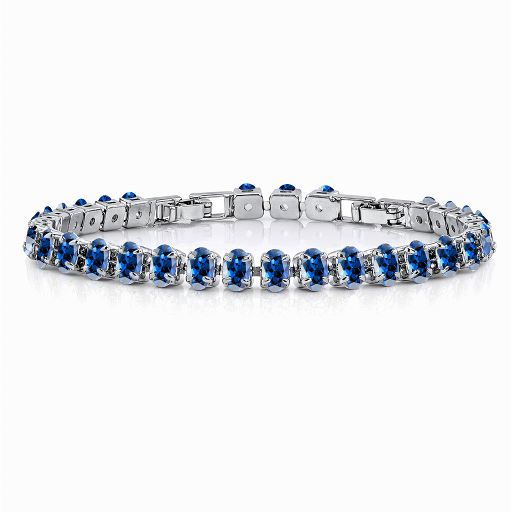 JeenMata 11 TCW September Blue Sapphire - Oval Cut Birthstone Tennis Bracelet for Women in Eternity Design - White Gold Plating, Female, Adult