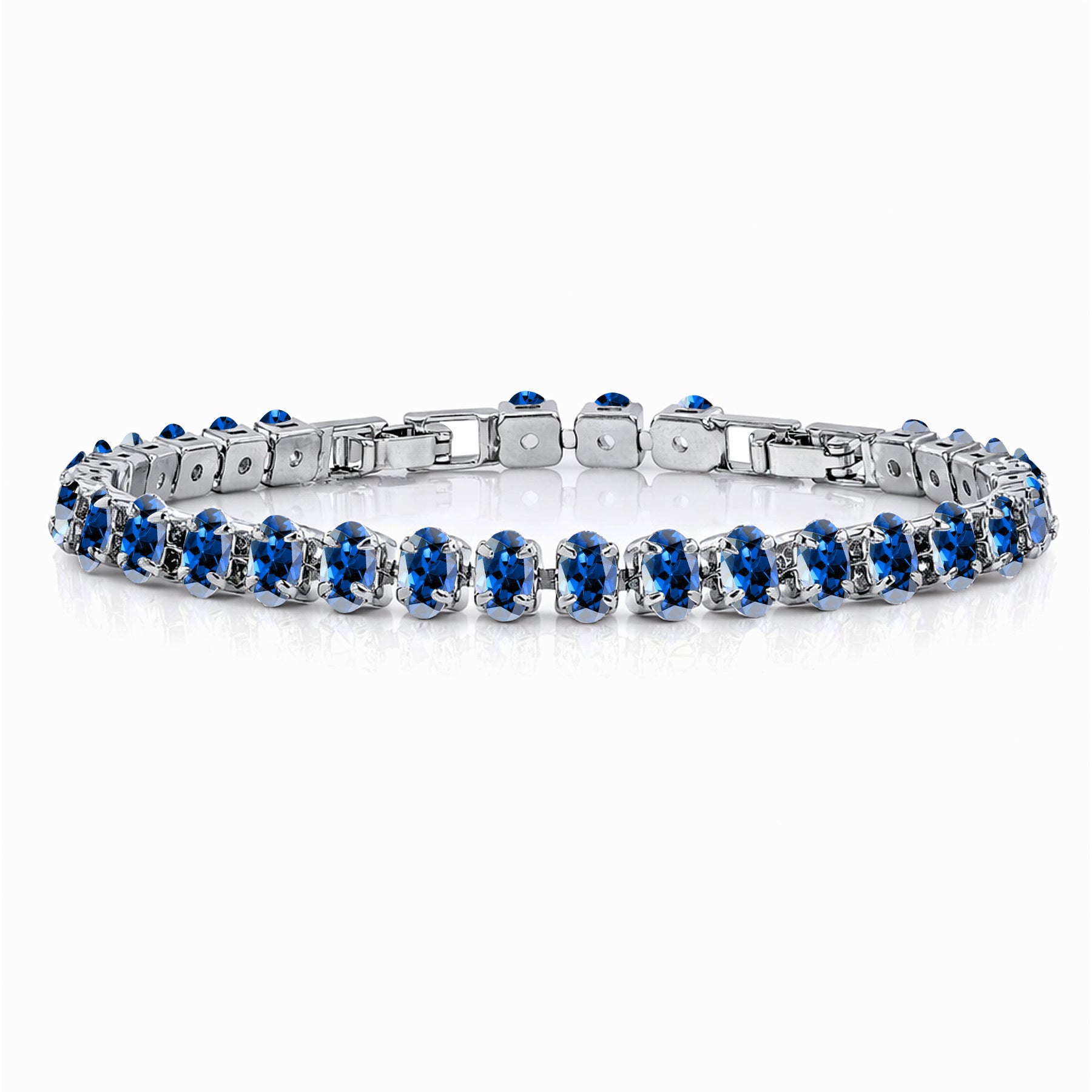 JeenMata 11 TCW September Blue Sapphire - Oval Cut Birthstone Tennis Bracelet for Women in Eternity Design - White Gold Plating, Female, Adult