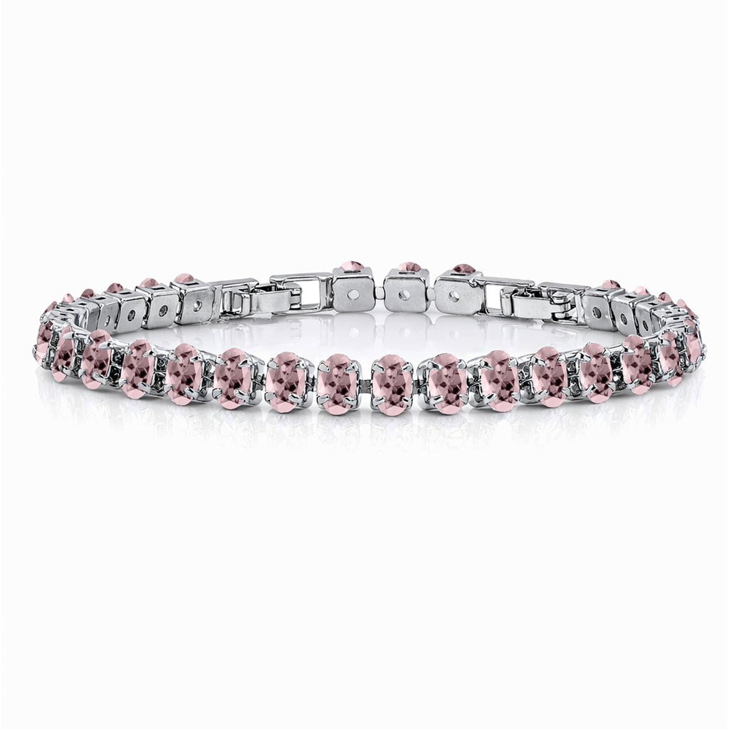 JeenMata 11 TCW October Pink Tourmaline - Oval Cut Birthstone Tennis Bracelet for Women in Eternity Design - White Gold Plating, Female, Adult