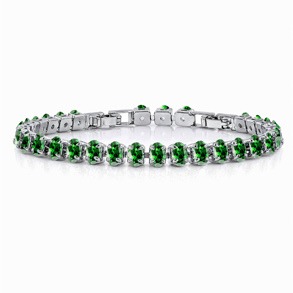 JeenMata 11 TCW May Emerald - Oval Cut Birthstone Tennis Bracelet for Women in Eternity Design - White Gold Plating, Female, Adult