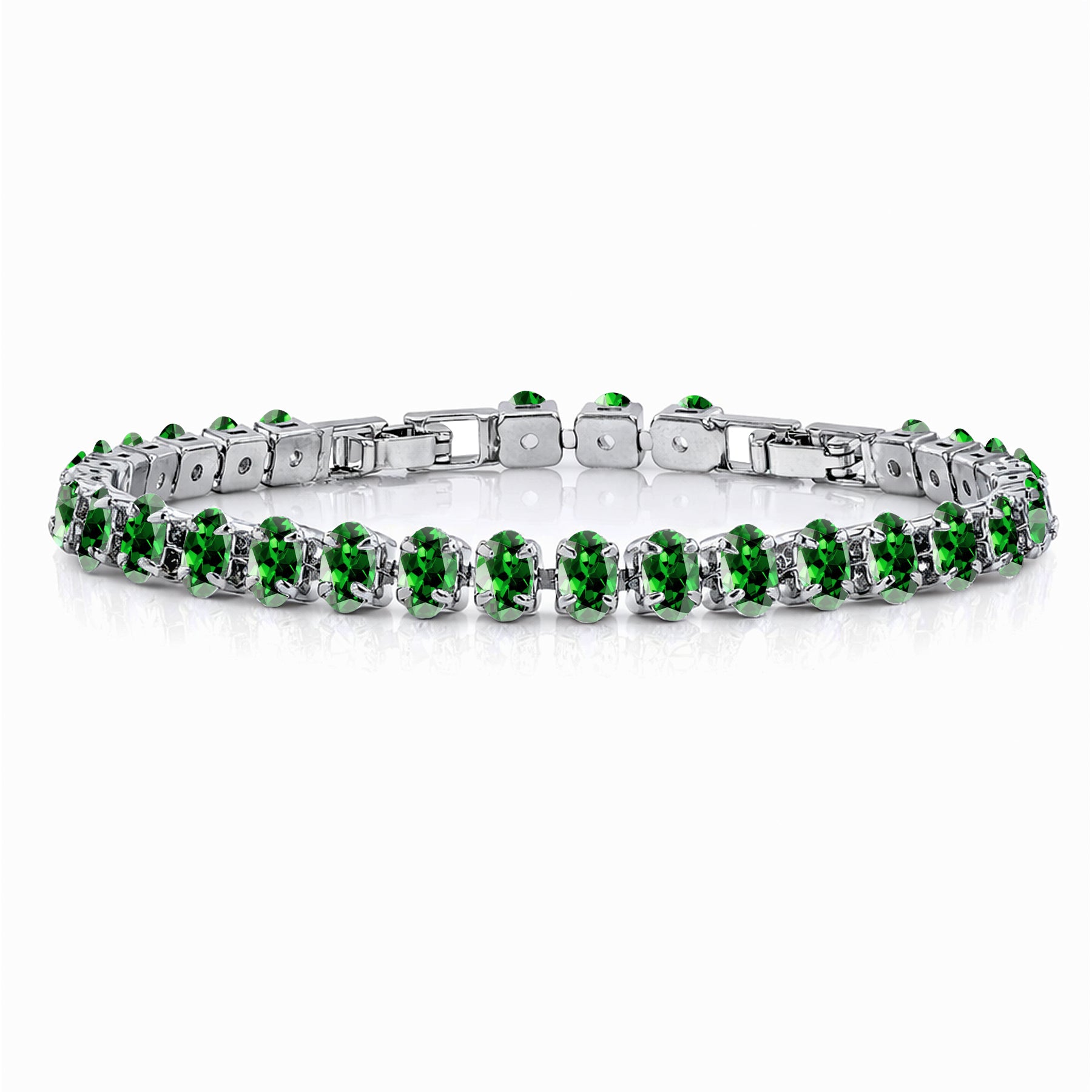 JeenMata 11 TCW May Emerald - Oval Cut Birthstone Tennis Bracelet for Women in Eternity Design - White Gold Plating, Female, Adult