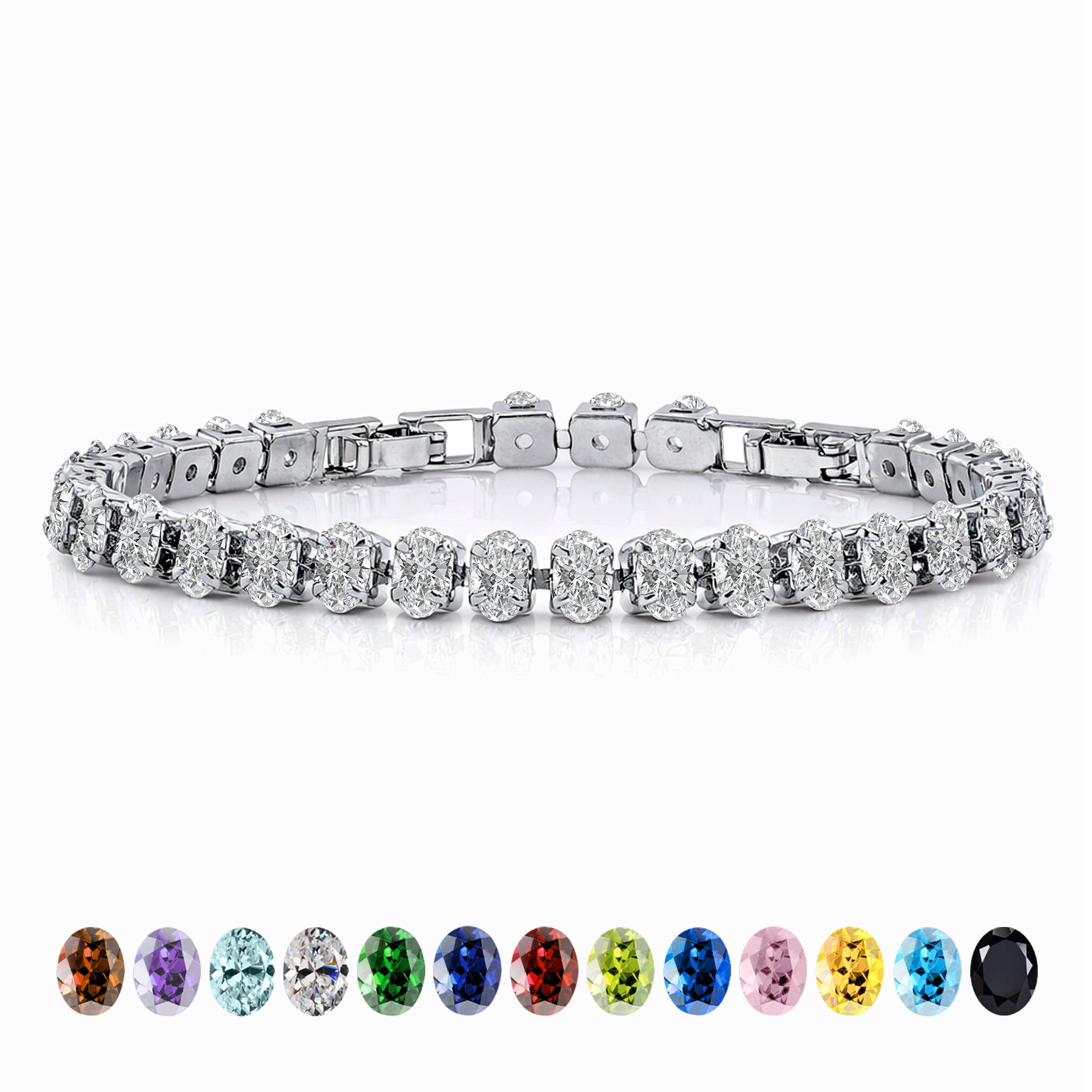 JeenMata 11 TCW April Cubic Zirconia - Oval Cut Birthstone Tennis Bracelet for Women in Eternity Design - White Gold Plating, Female, Adult