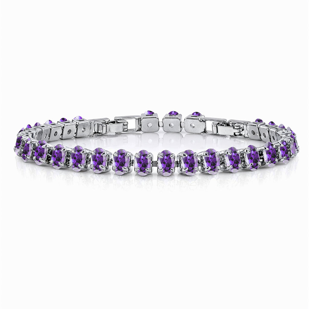 JeenMata 11 TCW February Amethyst - Oval Cut Birthstone Tennis Bracelet for Women in Eternity Design - White Gold Plating, Female, Adult