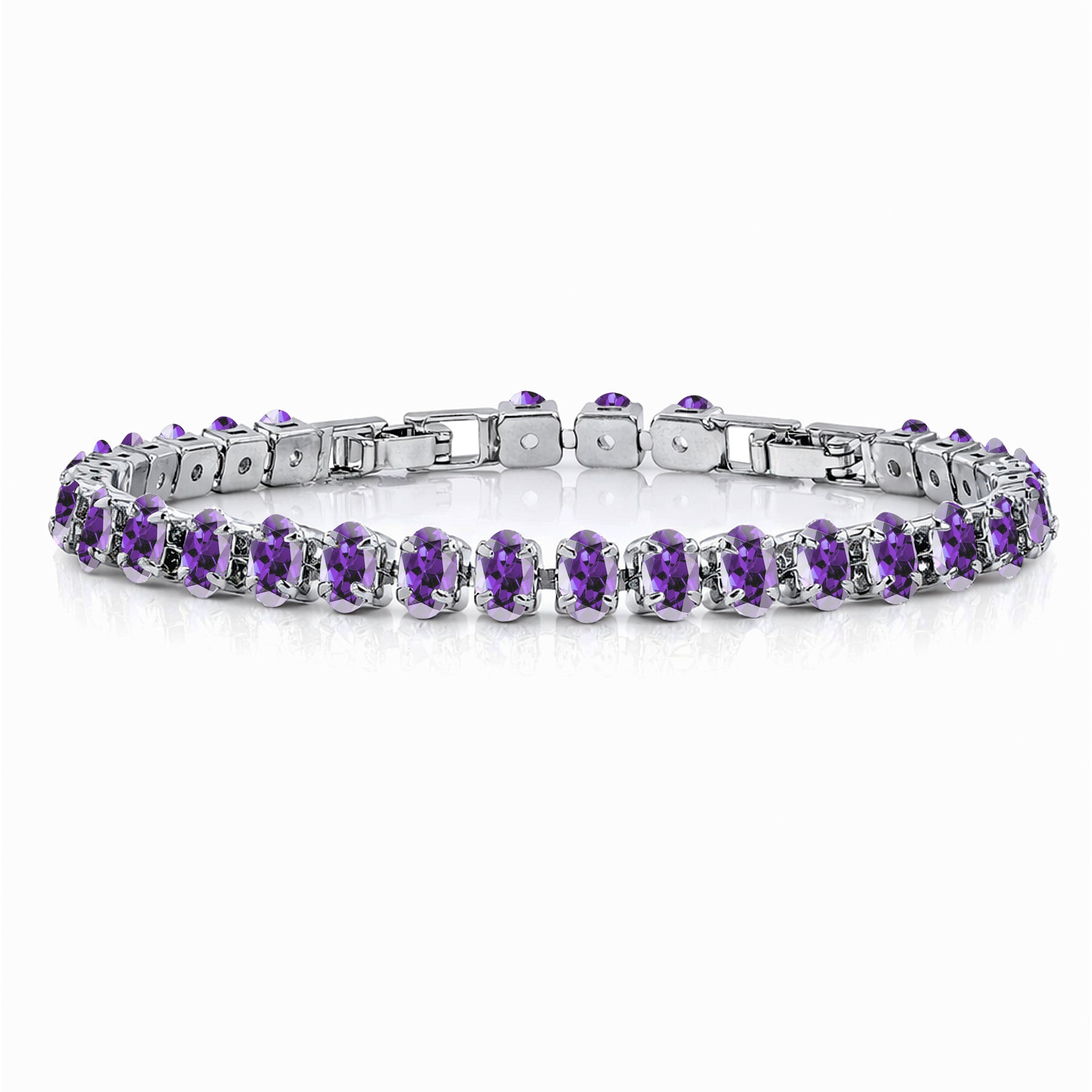 JeenMata 11 TCW February Amethyst - Oval Cut Birthstone Tennis Bracelet for Women in Eternity Design - White Gold Plating, Female, Adult
