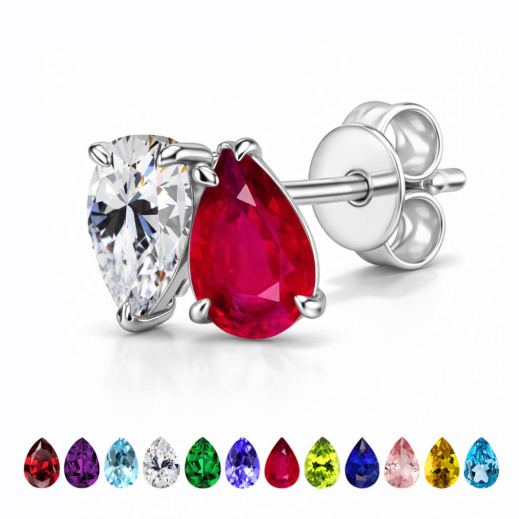 JeenMata 2.5 Carat Pear Cut July Birthstone Stud Earrings - Ruby & Cubic Zirconia Two Stone Earrings in 18K White Gold Plating for Women