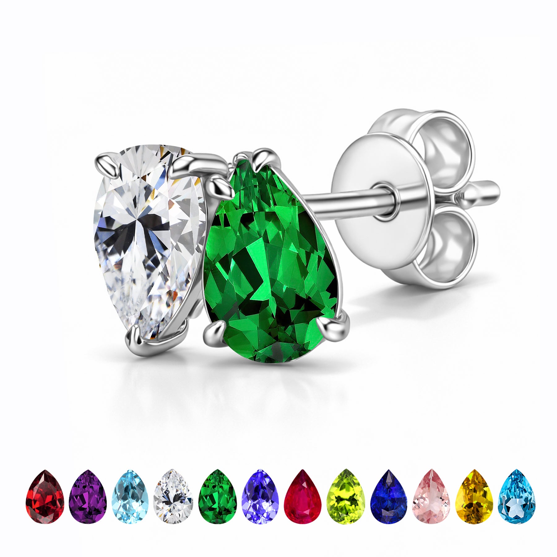 JeenMata 2.5 Carat Pear Cut May Birthstone Stud Earrings - Emerald & Cubic Zirconia Two Stone Earrings in 18K White Gold Plating for Women