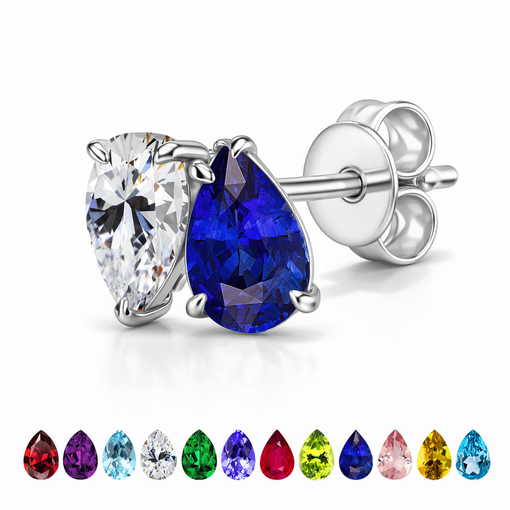 JeenMata 2.5 Carat Pear Cut September Birthstone Stud Earrings - Blue Sapphire & Cubic Zirconia Two Stone Earrings in 18K White Gold Plating for Women