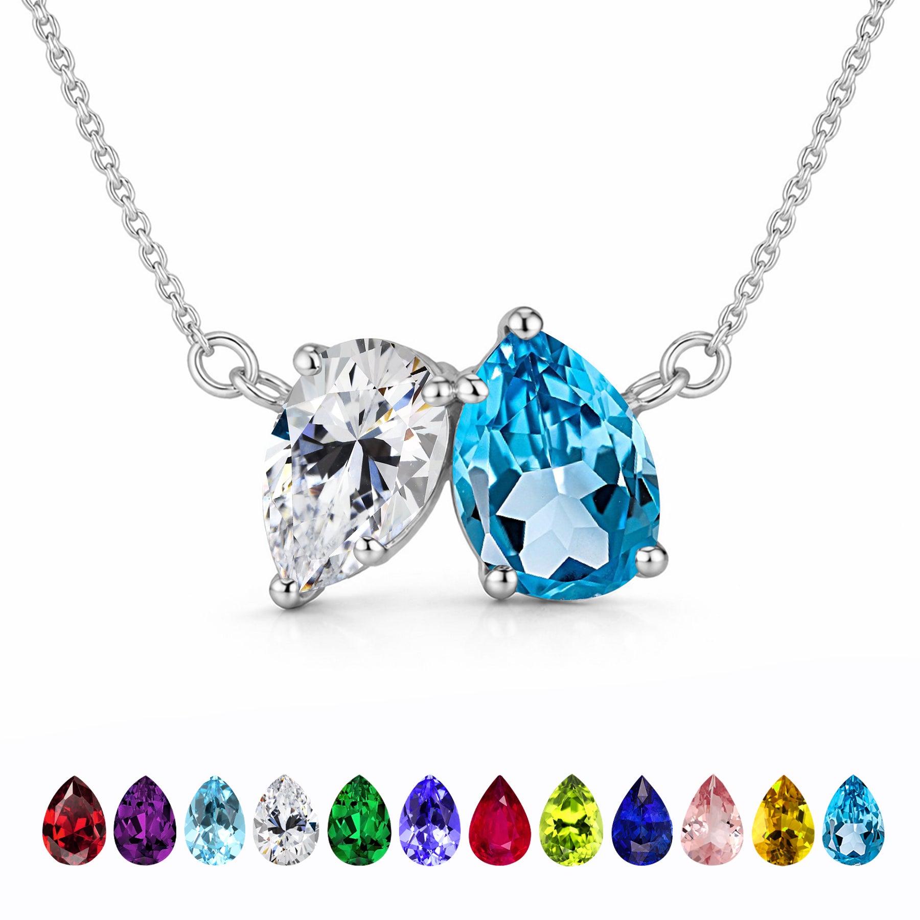 JeenMata 2.75 Carat December Birthstone Solitaire Pendant Necklace - Pear Cut Two Stone Blue Topaz & Cubic Zirconia Necklace in 18K White Gold Plating for Women