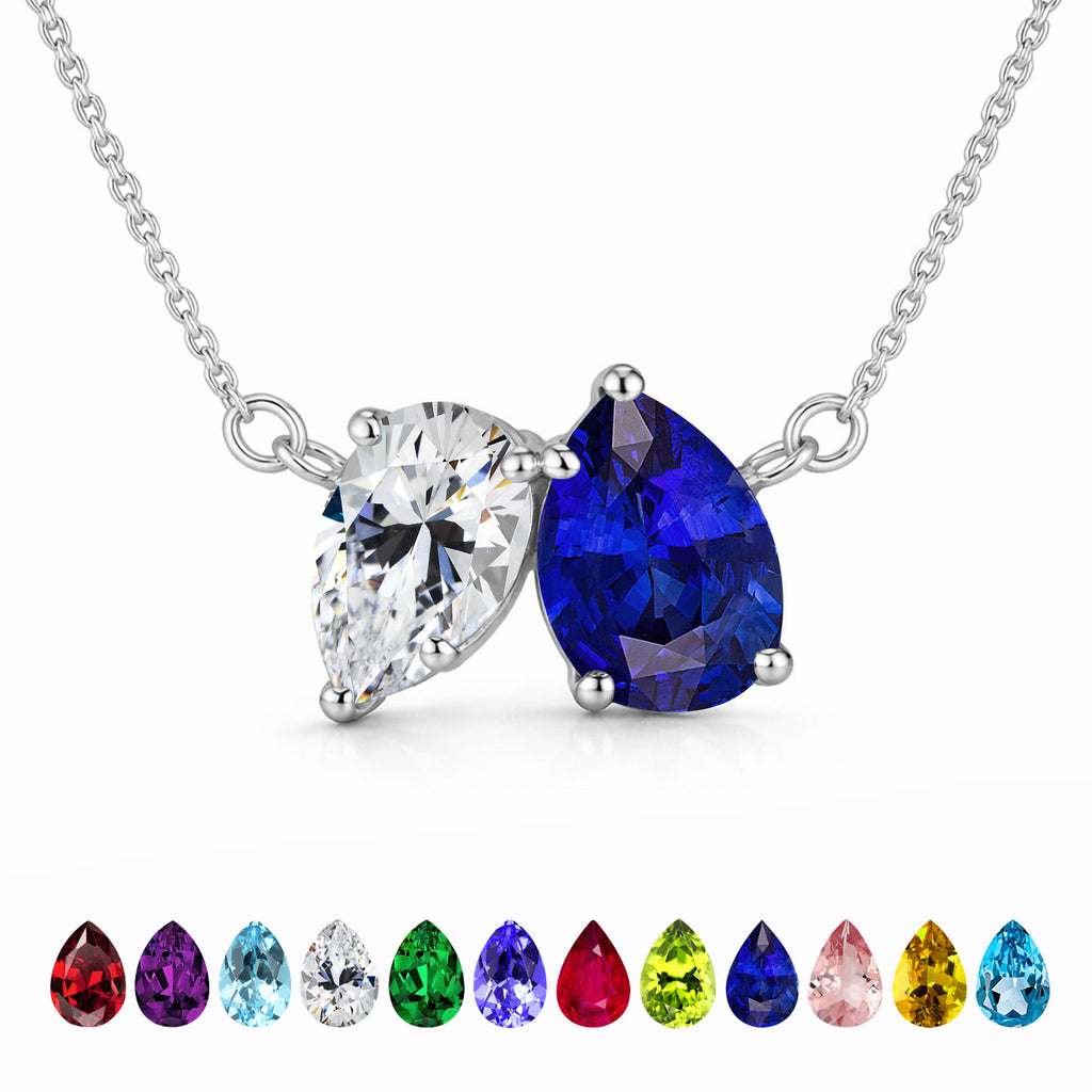 JeenMata 2.75 Carat September Birthstone Solitaire Pendant Necklace - Pear Cut Two Stone Blue Sapphire & Cubic Zirconia Necklace in 18K White Gold Plating for Women