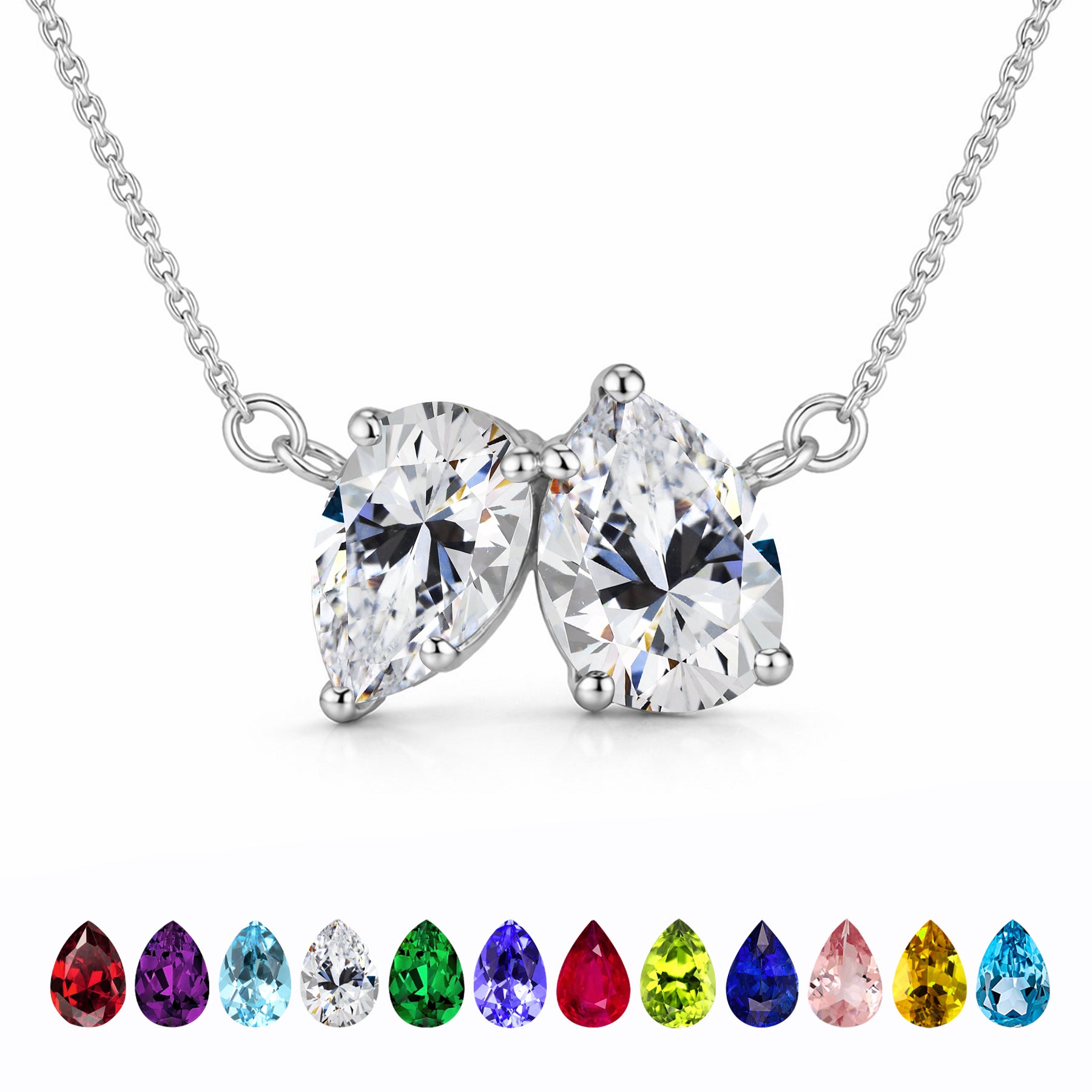 JeenMata 2.75 Carat April Birthstone Solitaire Pendant Necklace - Pear Cut Two Stone Cubic Zirconia Necklace in 18K White Gold Plating for Women