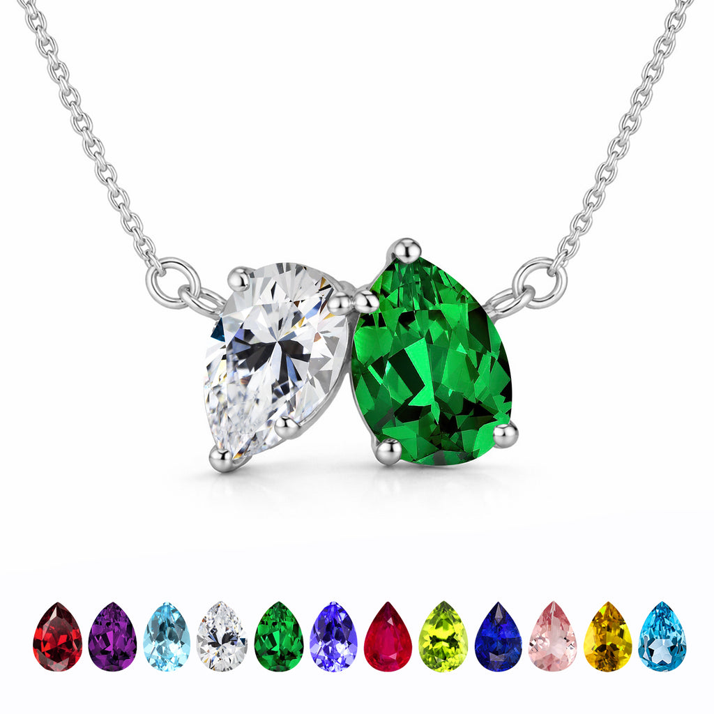 JeenMata 2.75 Carat May Birthstone Solitaire Pendant Necklace - Pear Cut Two Stone Emerald & Cubic Zirconia Necklace in 18K White Gold Plating for Women