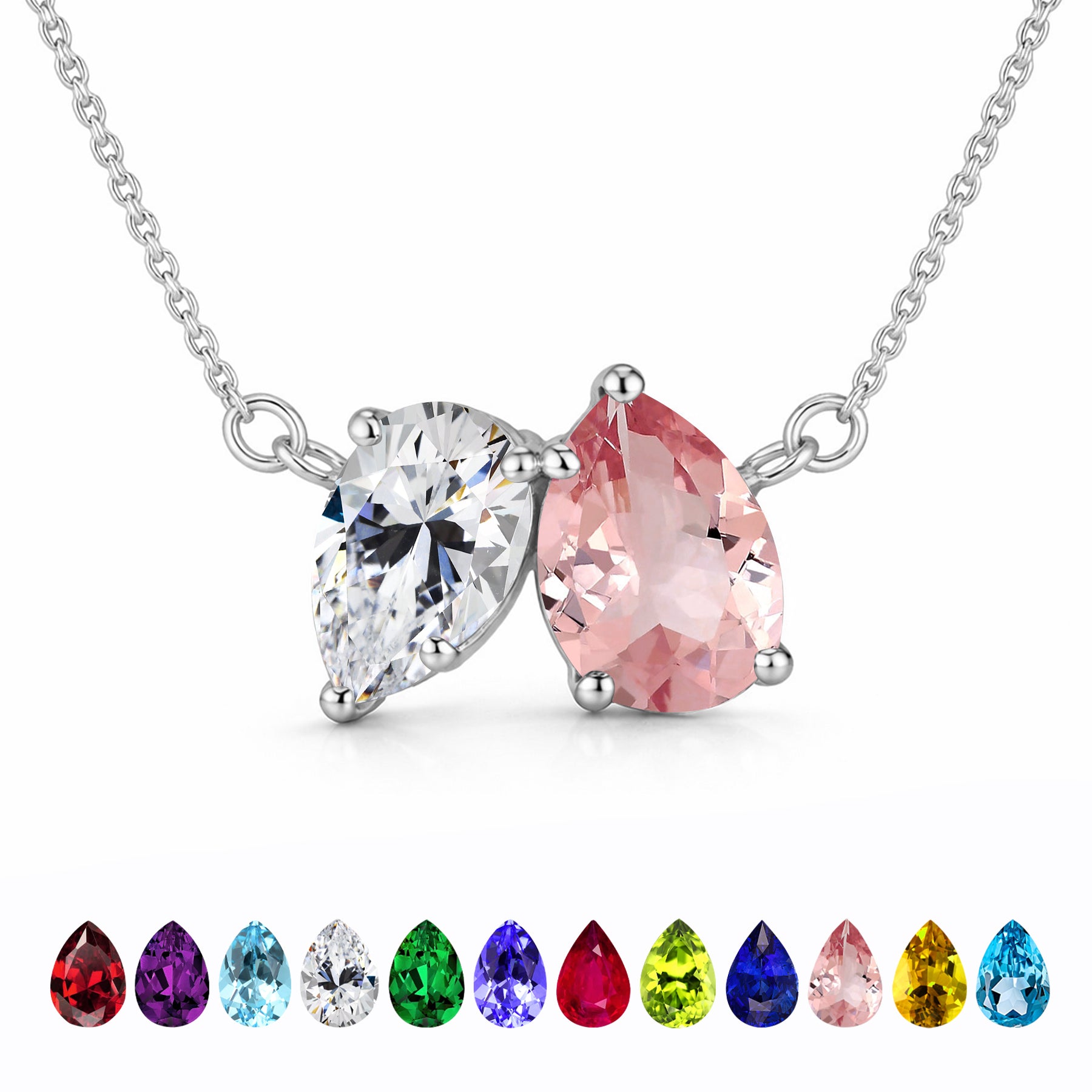 JeenMata 2.75 Carat October Birthstone Solitaire Pendant Necklace - Pear Cut Two Stone Pink Tourmaline & Cubic Zirconia Necklace in 18K White Gold Plating for Women