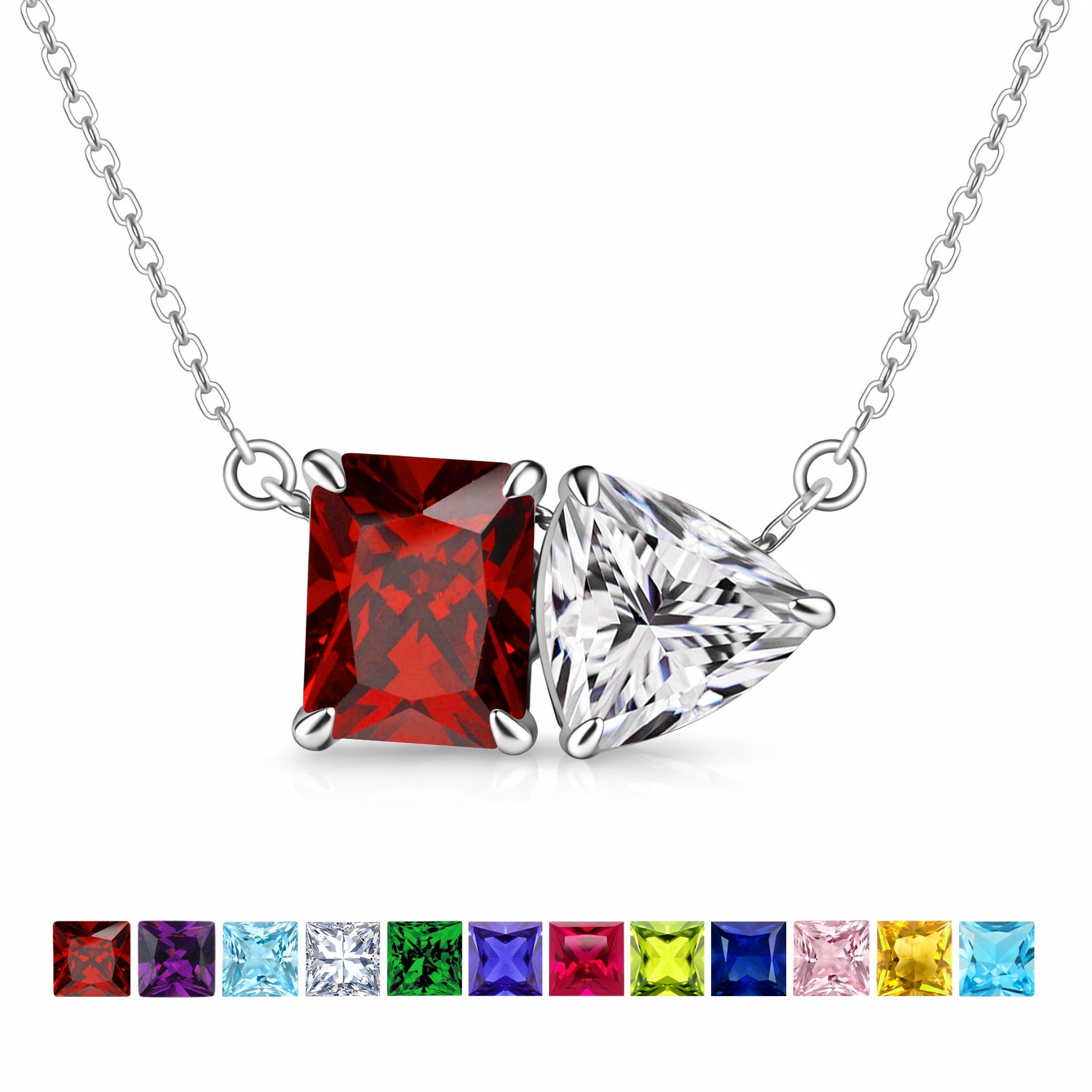 JeenMata 4.75 Carat Garnet & Cubic Zirconia Two Stone Necklace -January Birthstone Emerald and Trillion Cut Solitaire Necklace in 18K White Gold Plating for Women