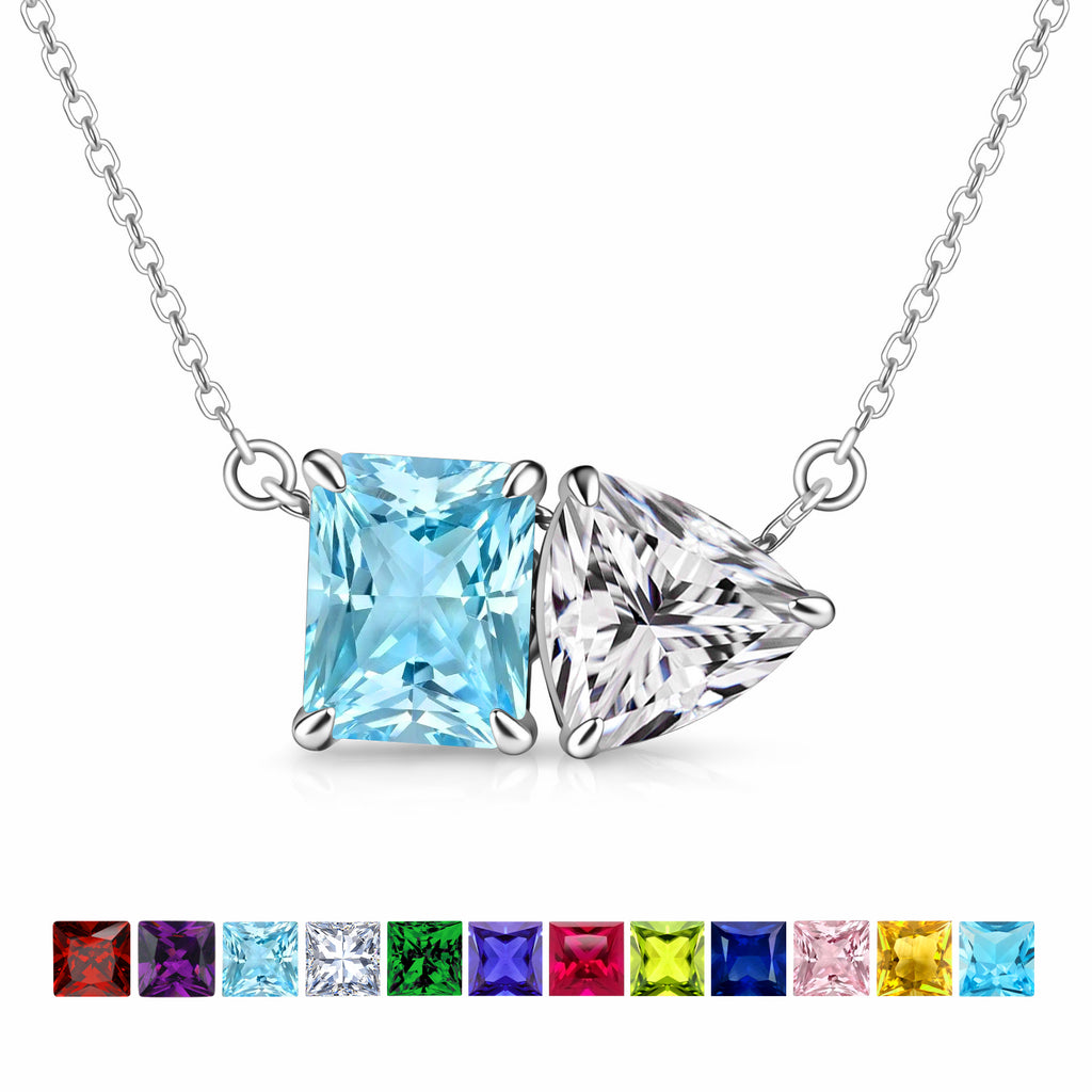 JeenMata 4.75 Carat Aquamarine & Cubic Zirconia Two Stone Necklace - March Birthstone Emerald and Trillion Cut Solitaire Necklace in 18K White Gold Plating for Women