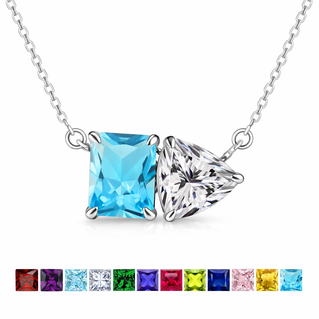 JeenMata 4.75 Carat Blue Topaz & Cubic Zirconia Two Stone Necklace - December Birthstone Emerald and Trillion Cut Solitaire Necklace in 18K White Gold Plating for Women