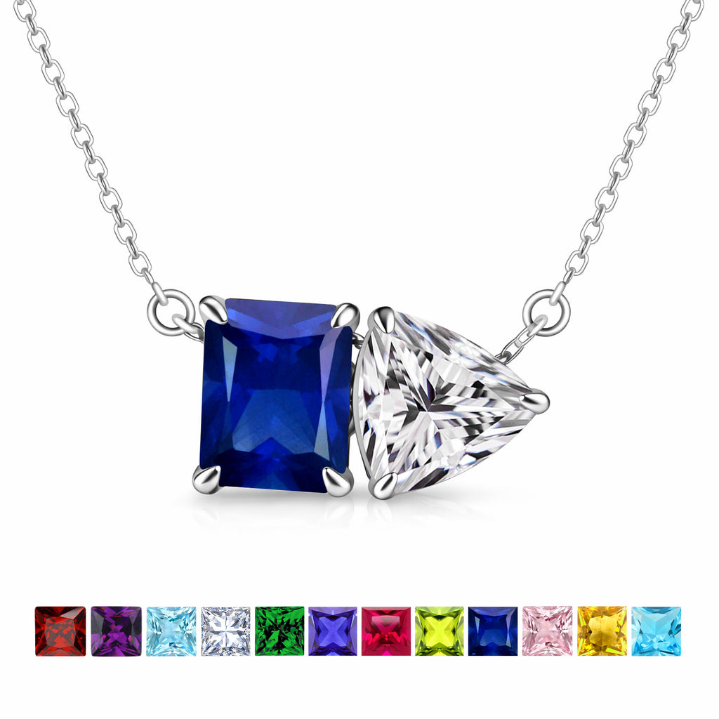JeenMata 4.75 Carat Blue Sapphire & Cubic Zirconia Two Stone Necklace - September Birthstone Emerald and Trillion Cut Solitaire Necklace in 18K White Gold Plating for Women