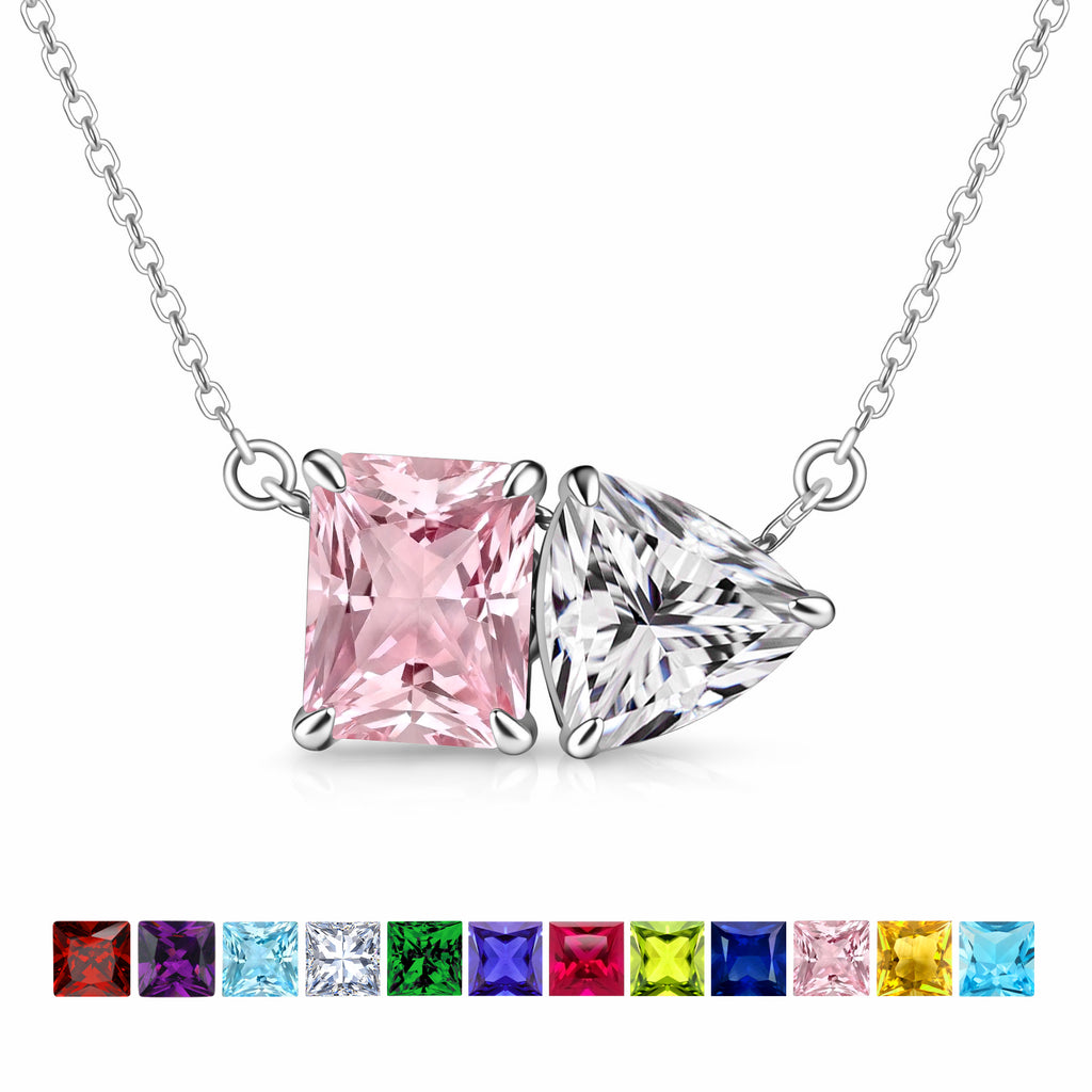 JeenMata 4.75 Carat Pink Tourmaline & Cubic Zirconia Two Stone Necklace - October Birthstone Emerald and Trillion Cut Solitaire Necklace in 18K White Gold Plating for Women