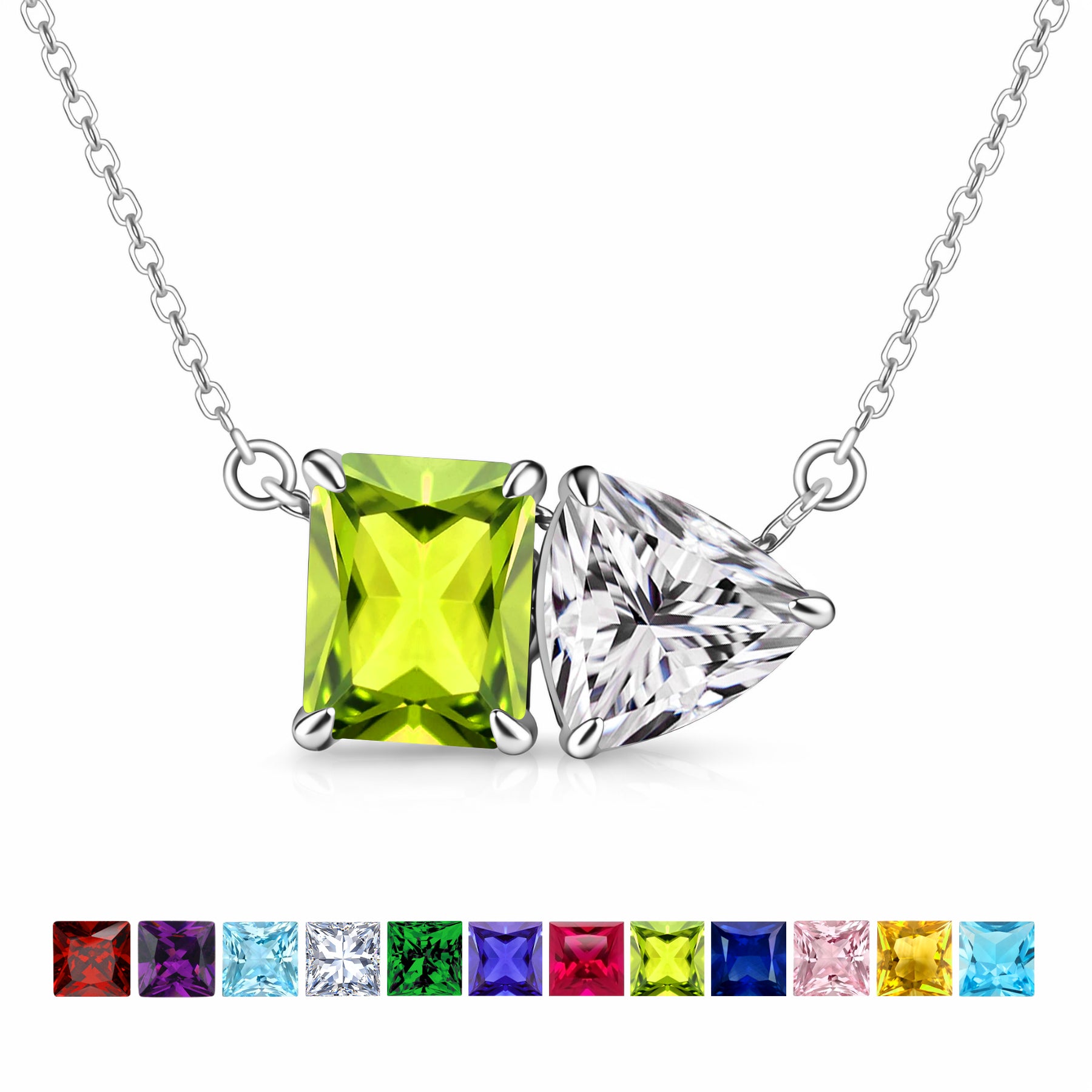 JeenMata 4.75 Carat Peridot & Cubic Zirconia Two Stone Necklace - August Birthstone Emerald and Trillion Cut Solitaire Necklace in 18K White Gold Plating for Women