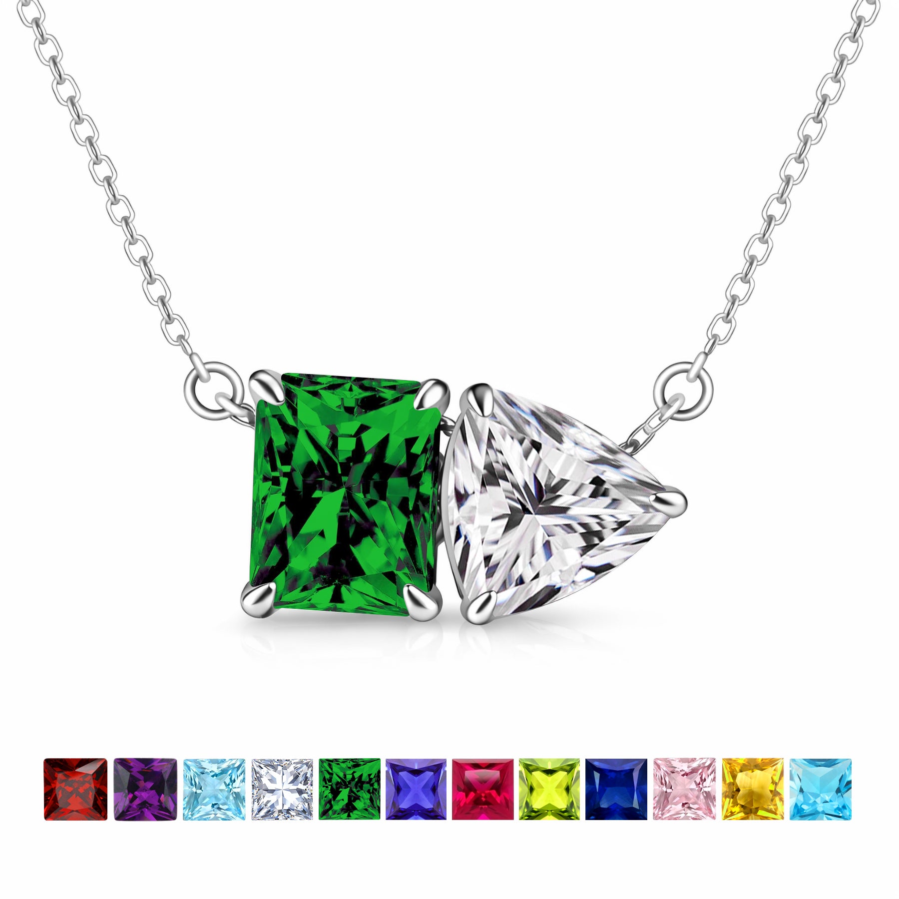 JeenMata 4.75 Carat Emerald & Cubic Zirconia Two Stone Necklace - May Birthstone Emerald and Trillion Cut Solitaire Necklace in 18K White Gold Plating for Women
