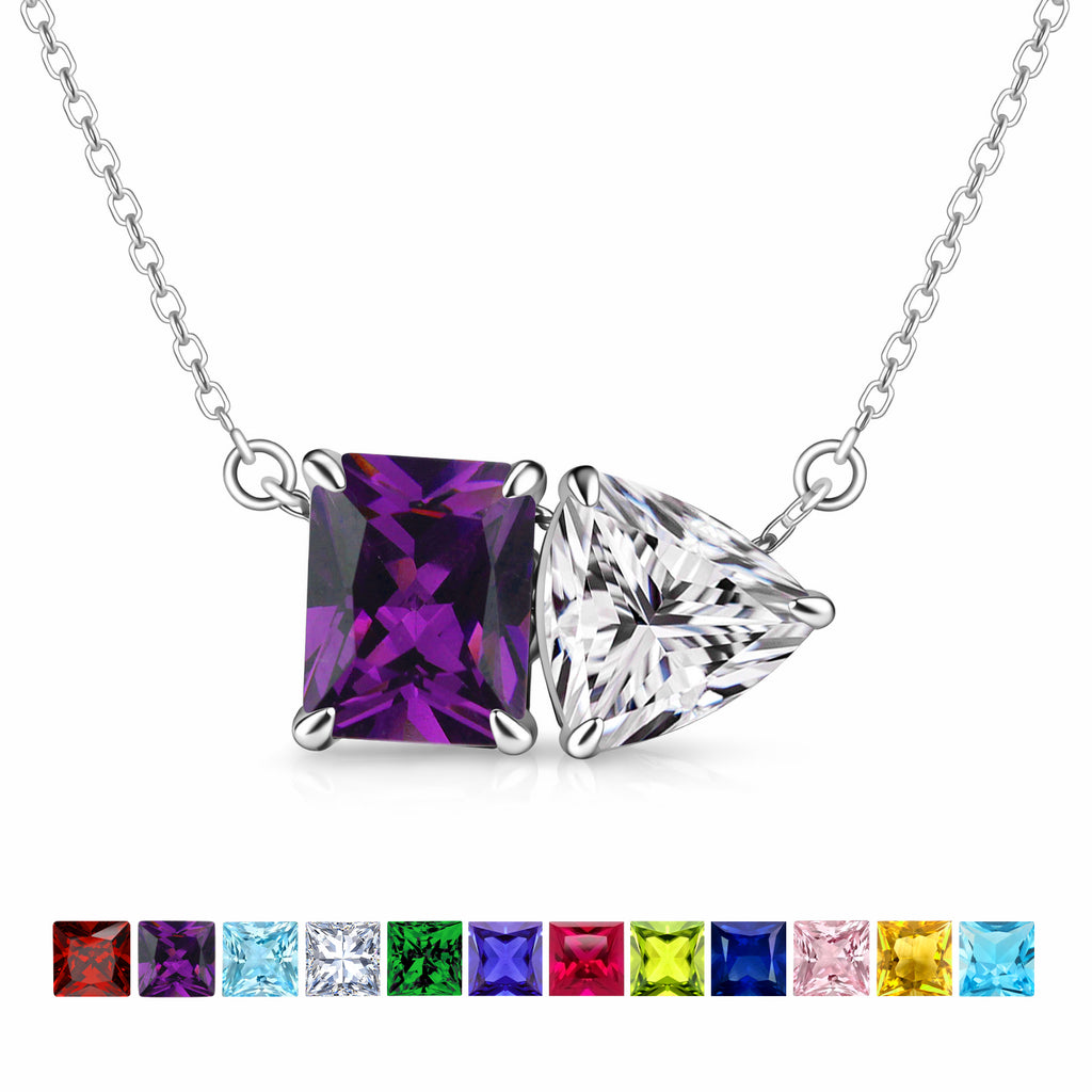 JeenMata 4.75 Carat Amethyst & Cubic Zirconia Two Stone Necklace - February Birthstone Emerald and Trillion Cut Solitaire Necklace in 18K White Gold Plating for Women.