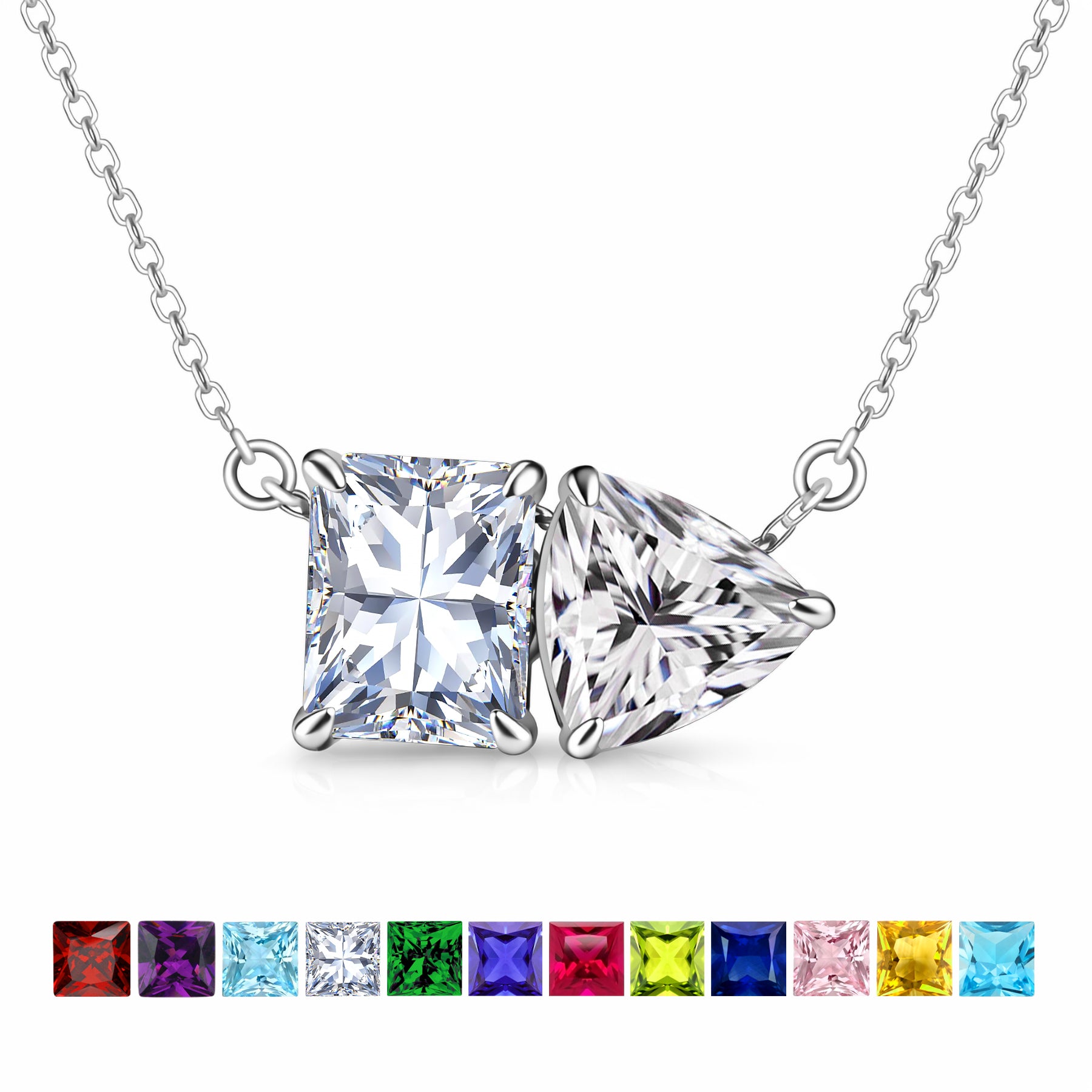 JeenMata 4.75 Carat Cubic Zirconia Two Stone Necklace - April Birthstone Emerald and Trillion Cut Solitaire Necklace in 18K White Gold Plating for Women
