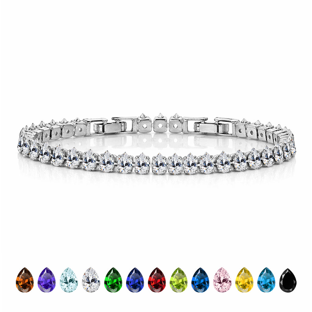 JeenMata 5.5 Carat April Cubic Zirconia - Pear Cut Birthstone Tennis Bracelet Eternity Design - White Gold Plating, Female, Adult
