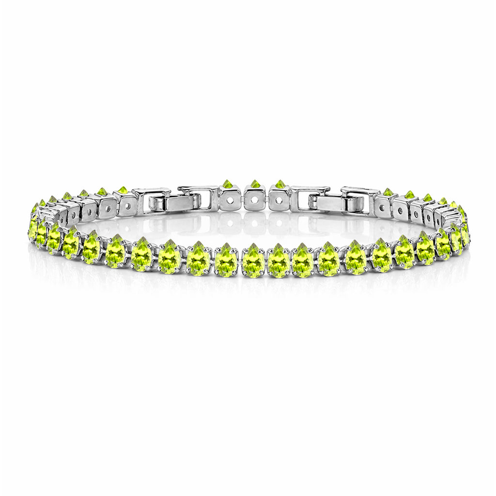 JeenMata 5.5 Carat August Peridot - Pear Cut Birthstone Tennis Bracelet Eternity Design - White Gold Plating, Female, Adult