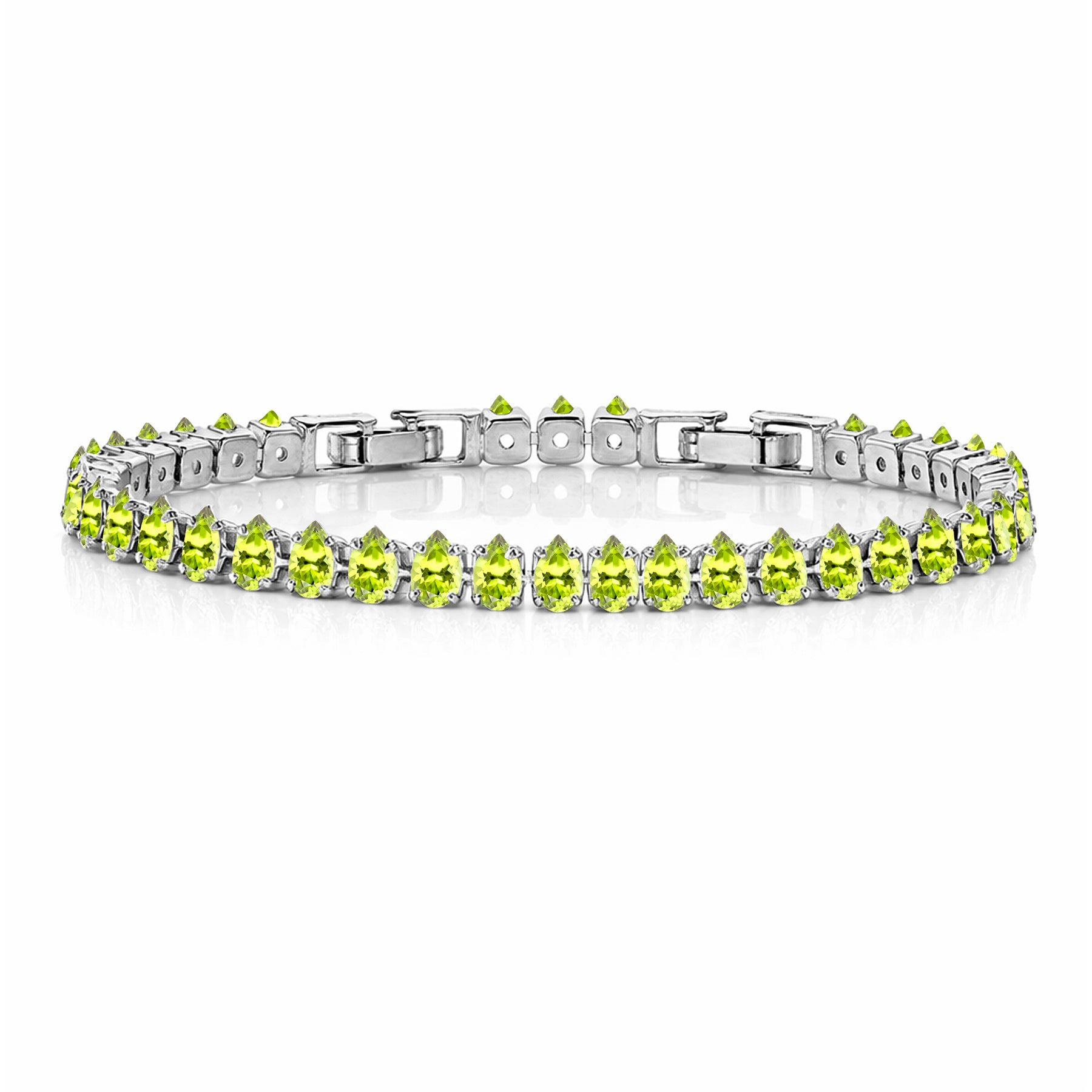 JeenMata 5.5 Carat August Peridot - Pear Cut Birthstone Tennis Bracelet Eternity Design - White Gold Plating, Female, Adult